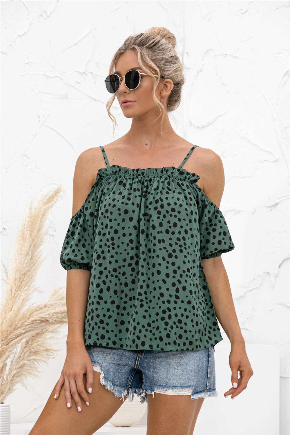 Printed Cold-Shoulder Frill Trim Blouse - The Goddess Galleries