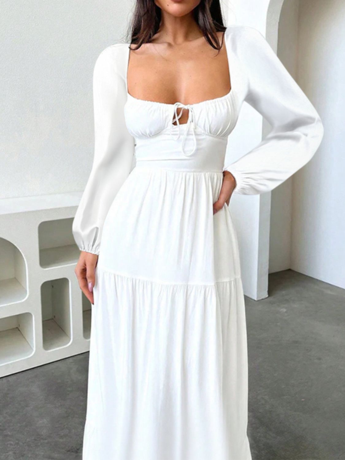 Devine Tie Front Long Sleeve Maxi Dress - The Goddess Galleries