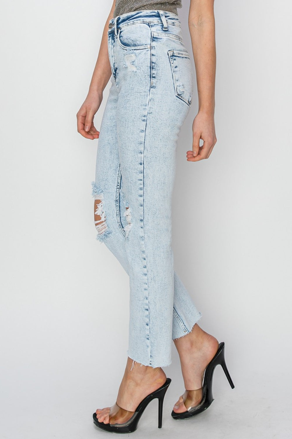 RISEN High Rise Distressed Ankle Jeans - The Goddess Galleries