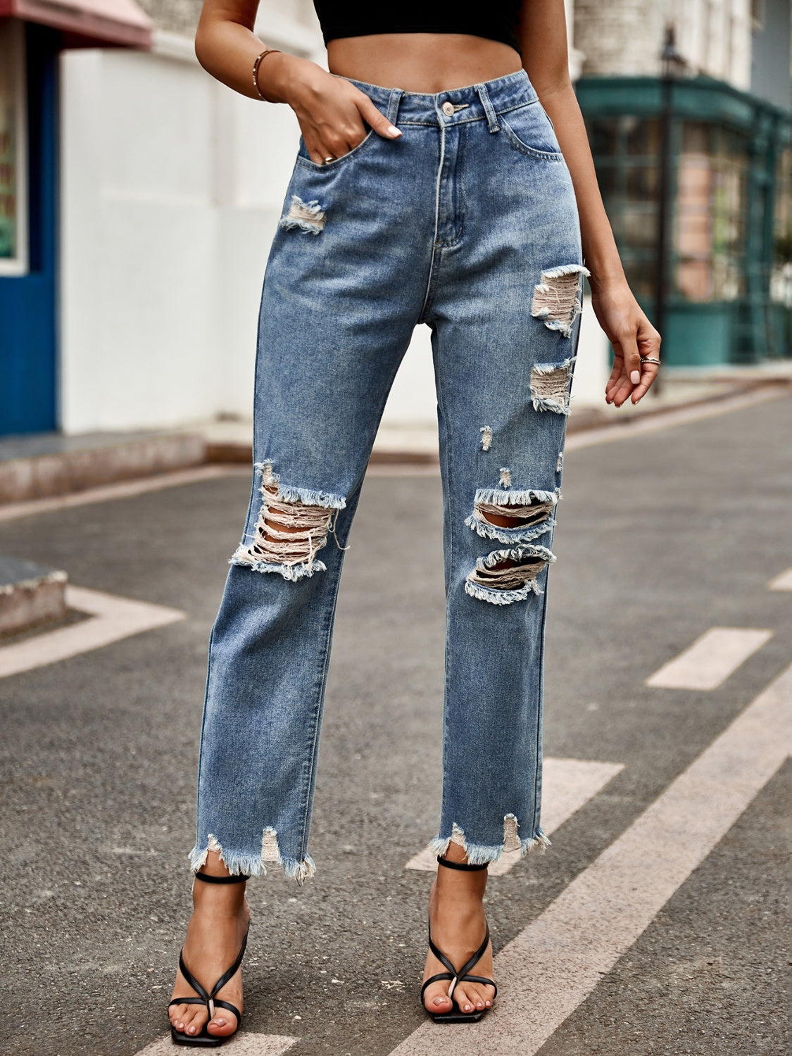 Distressed Raw Hem Jeans with Pockets - The Goddess Galleries