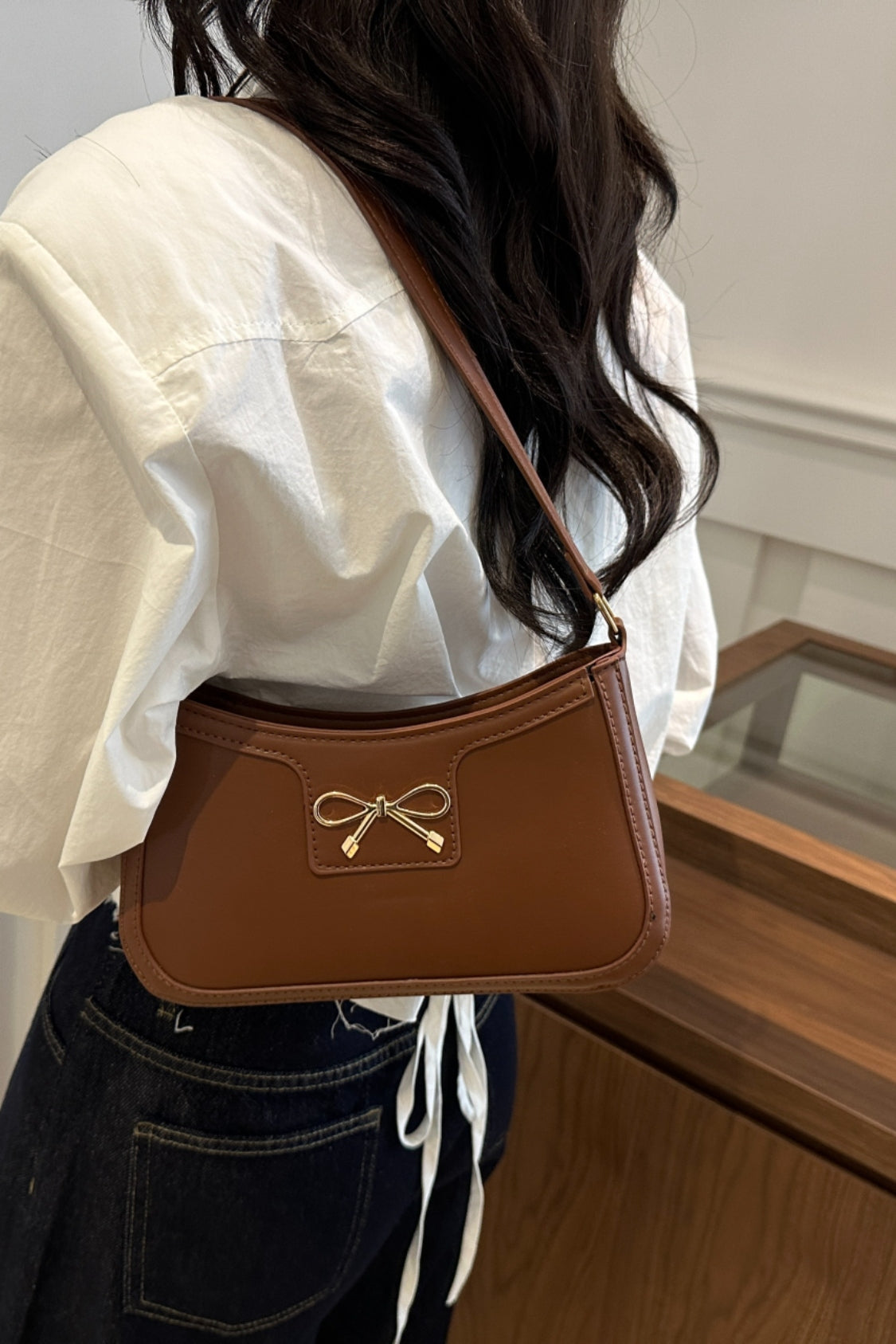 Bow Trim PU Leather Shoulder Bag - The Goddess Galleries