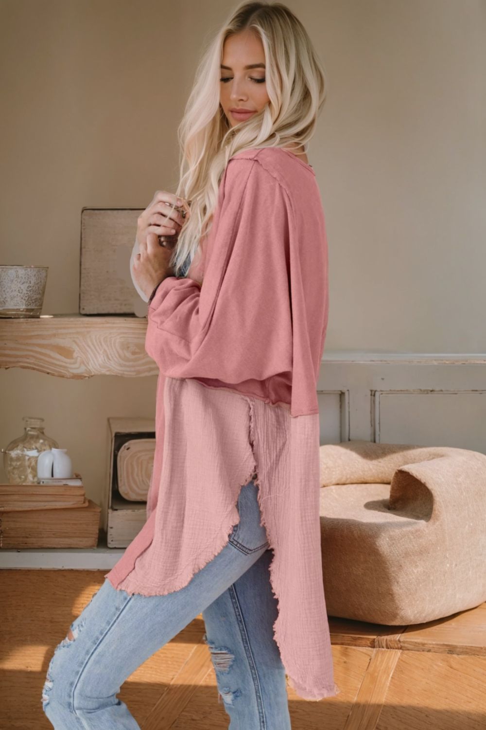 Contrast Texture Round Neck Long Sleeve Blouse - The Goddess Galleries