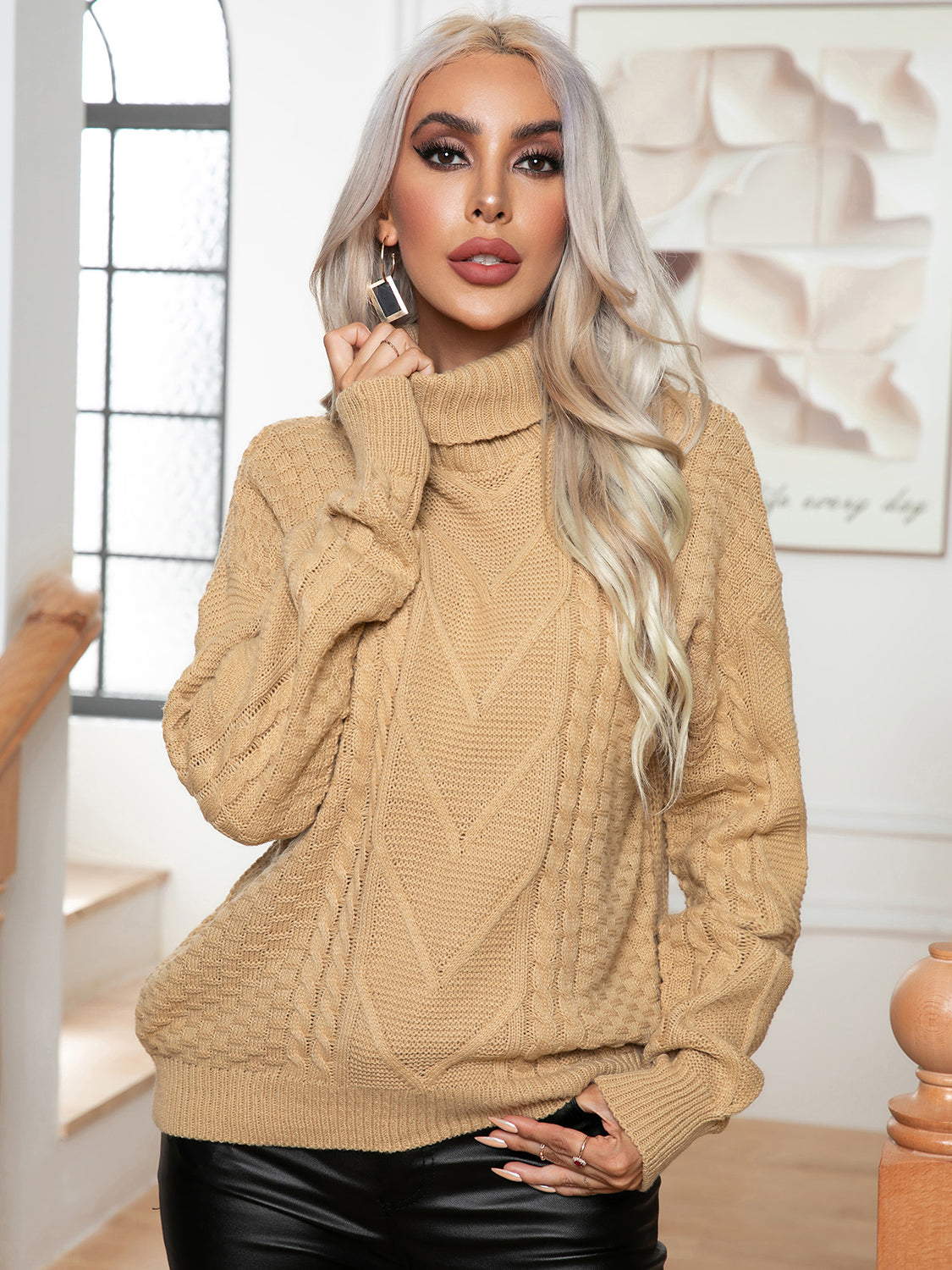 Turtleneck Cable-Knit Long Sleeve Sweater - The Goddess Galleries