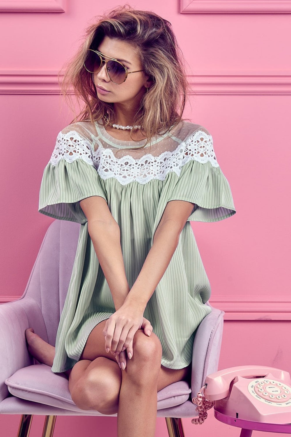 BiBi Lace Detail Short Sleeve Striped Blouse - The Goddess Galleries