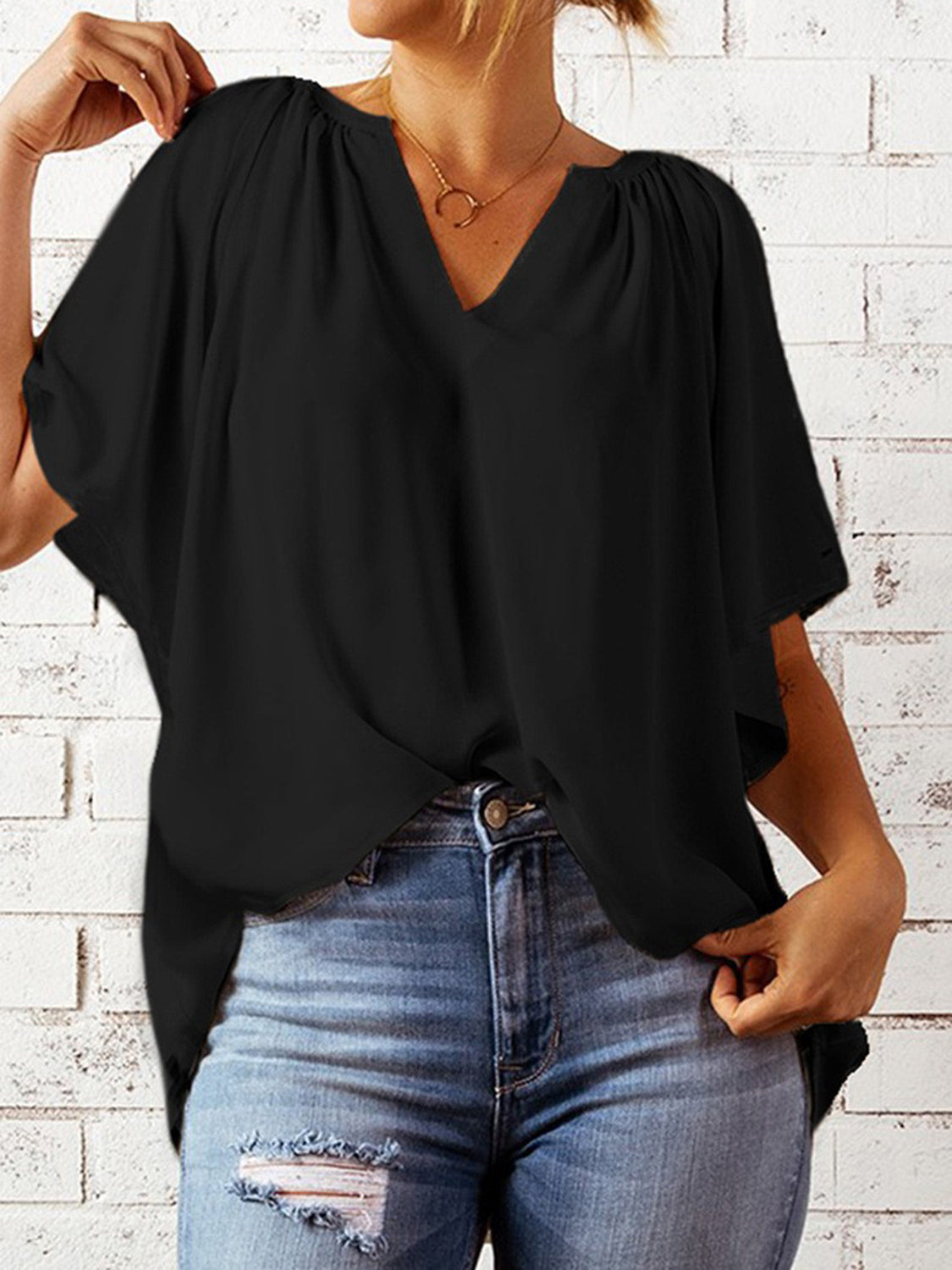 Ruched Notched Half Sleeve Blouse - The Goddess Galleries