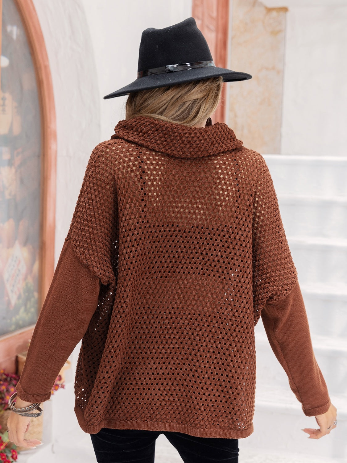 Openwork Mock Neck Dropped Shoulder Sweater - The Goddess Galleries