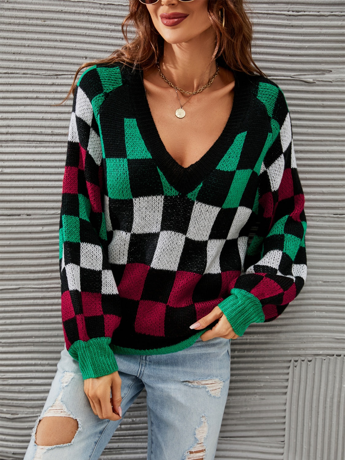 Angel Wings Checkered V-Neck Lantern Sleeve Sweater - The Goddess Galleries