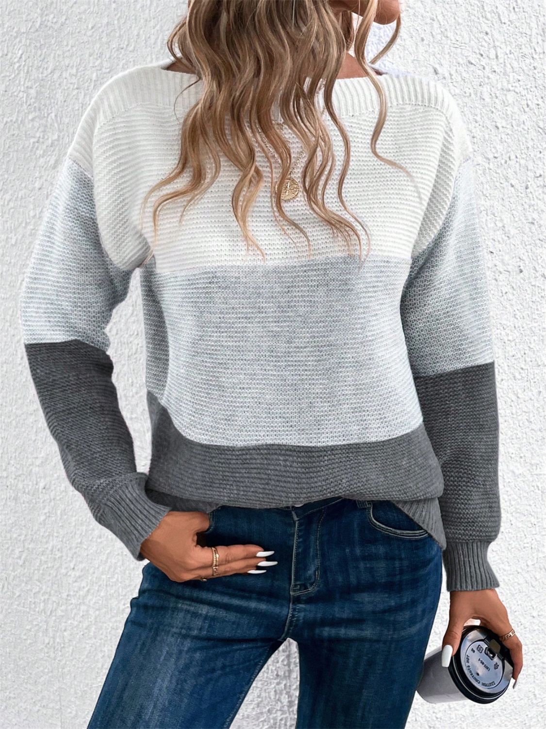 Color Block Drop Shoulder Long Sleeve Sweater - The Goddess Galleries