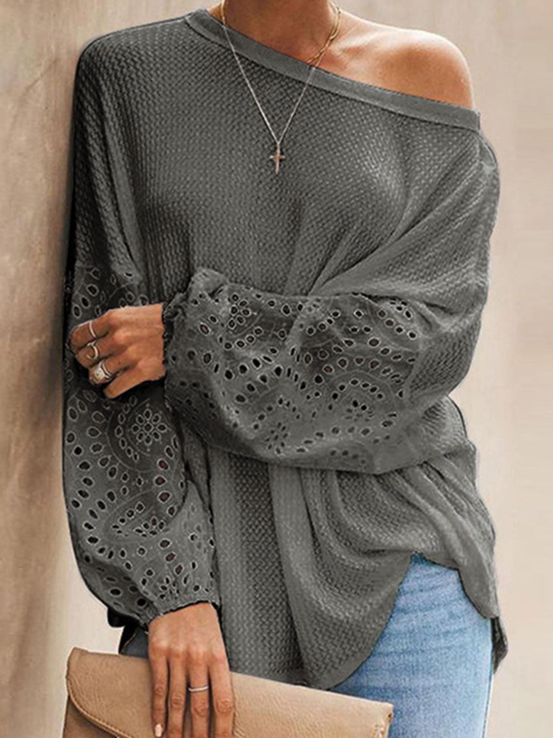 Shiny Openwork Dropped Shoulder Boat Neck Blouse - The Goddess Galleries