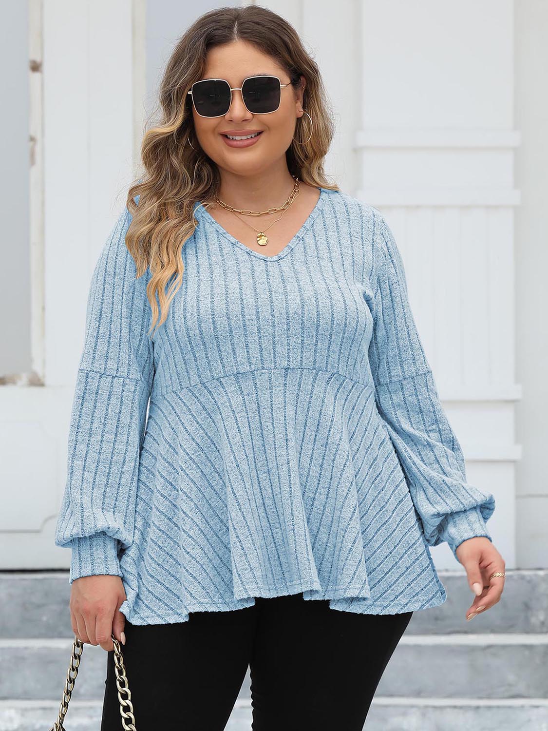 Plus Size Ribbed V-Neck Long Sleeve Blouse - The Goddess Galleries