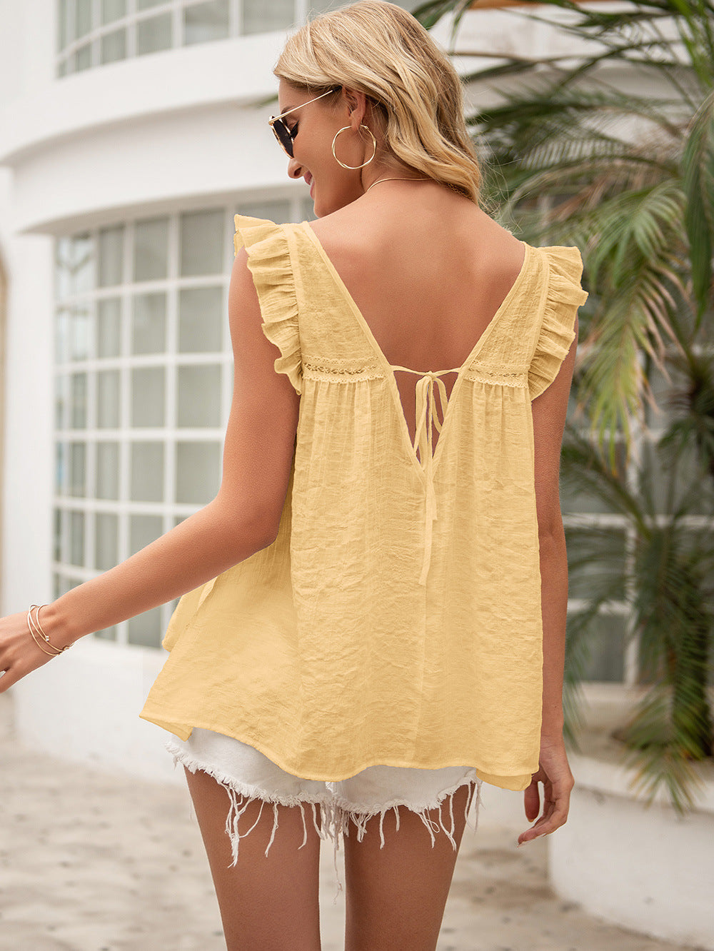 Ivy Lane Tie Back V-Neck Ruffled Blouse - The Goddess Galleries