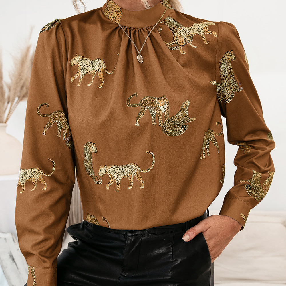 Ivy Lane Leopard Graphic Mock Neck Puff Sleeve Blouse - The Goddess Galleries