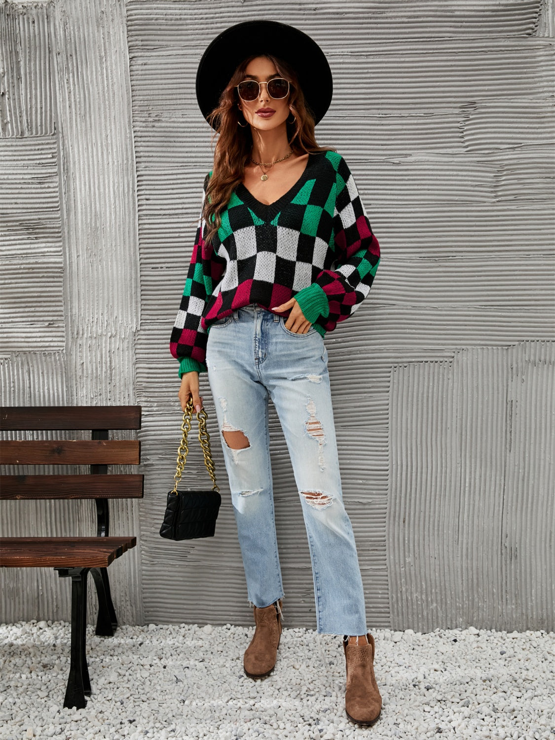 Angel Wings Checkered V-Neck Lantern Sleeve Sweater - The Goddess Galleries