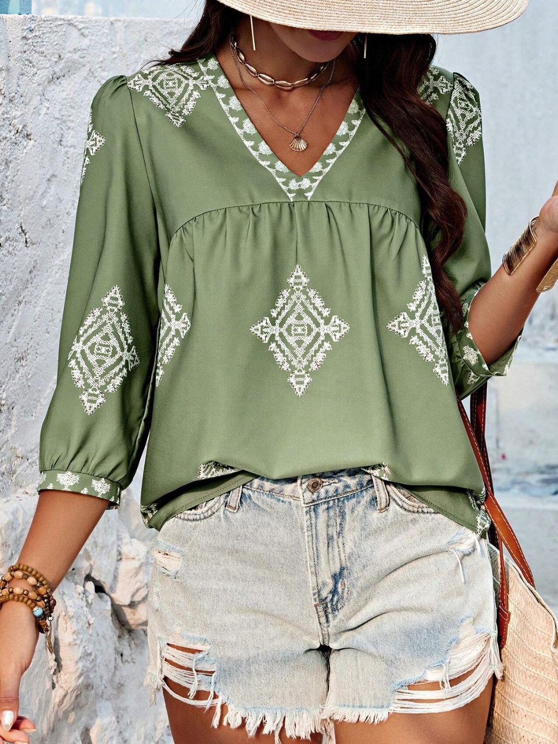 Printed V-Neck Three-Quarter Sleeve Blouse - The Goddess Galleries