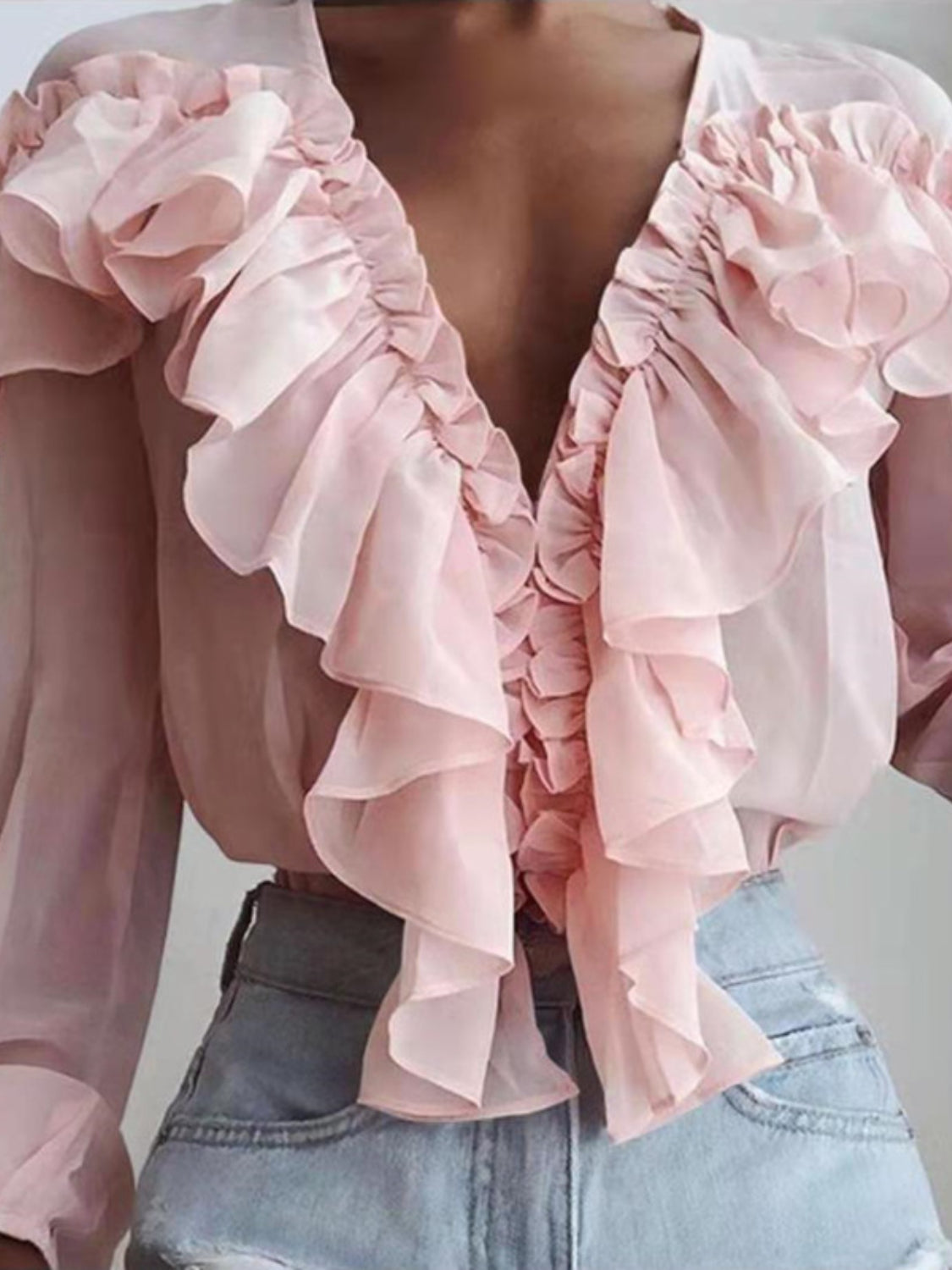 Ruffled V-Neck Long Sleeve Blouse - The Goddess Galleries