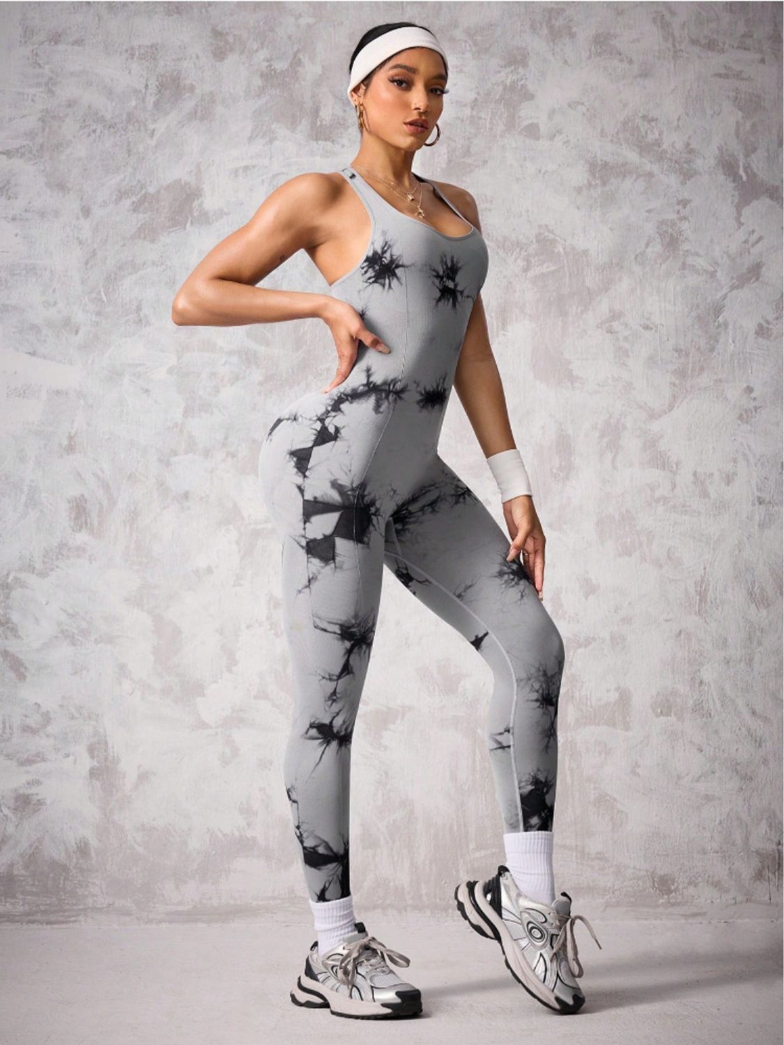 Back Crisscross Tie-Dye Scoop Neck Active Jumpsuit - The Goddess Galleries