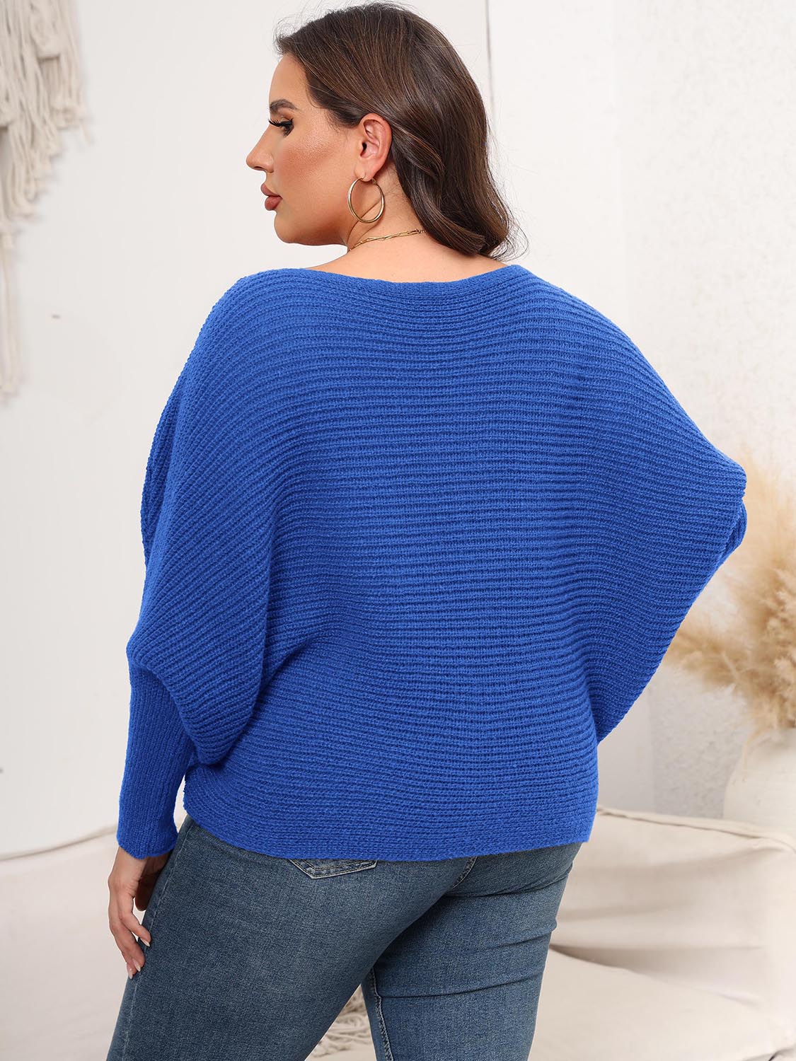 Full Size Boat Neck Batwing Sleeve Sweater - The Goddess Galleries