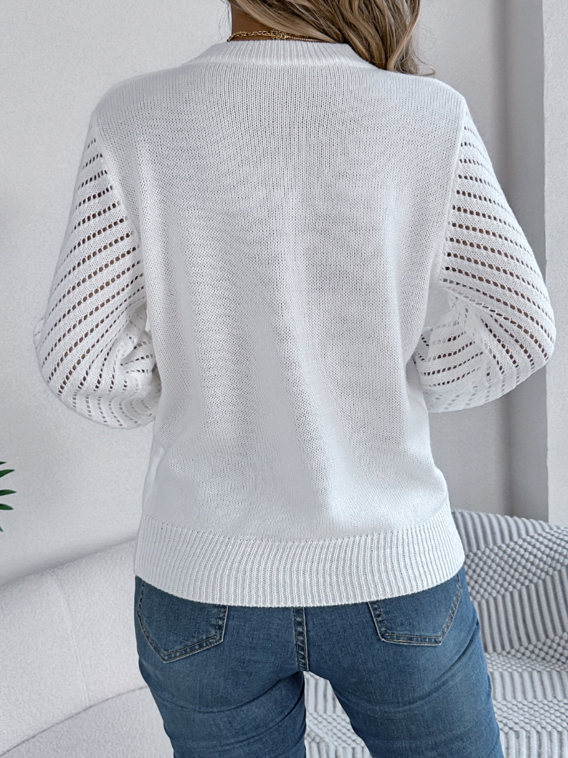 Openwork Round Neck Long Sleeve Knit Top - The Goddess Galleries