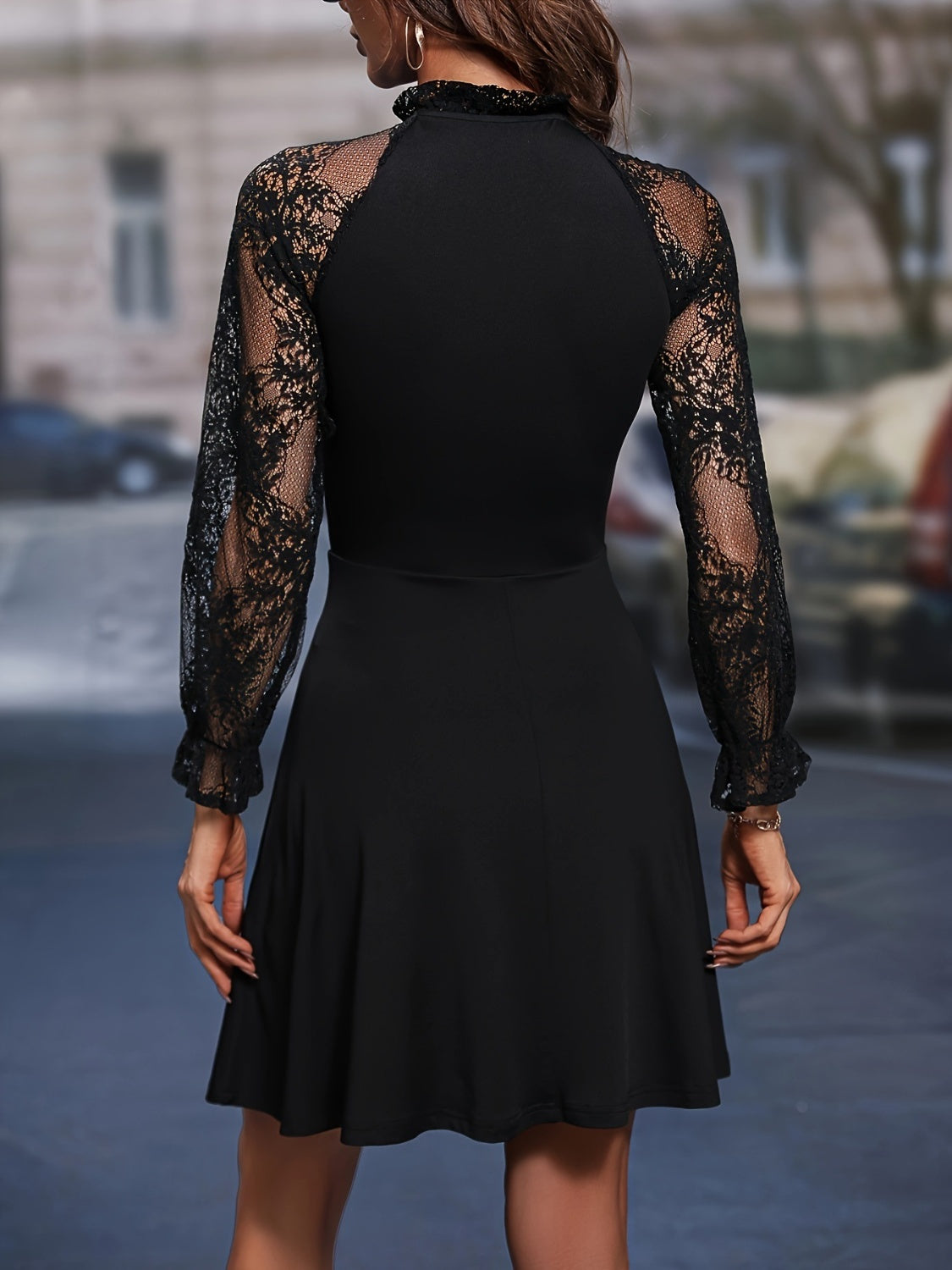 Lace Tie Neck Flounce Sleeve Dress - The Goddess Galleries