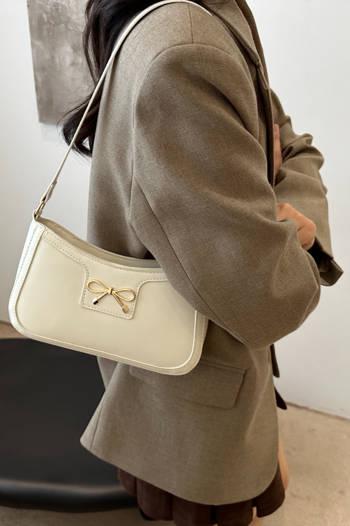 Bow Trim PU Leather Shoulder Bag - The Goddess Galleries