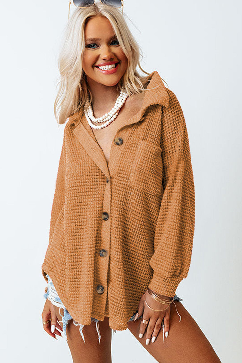 Waffle-Knit Collared Neck Long Sleeve Shirt - The Goddess Galleries