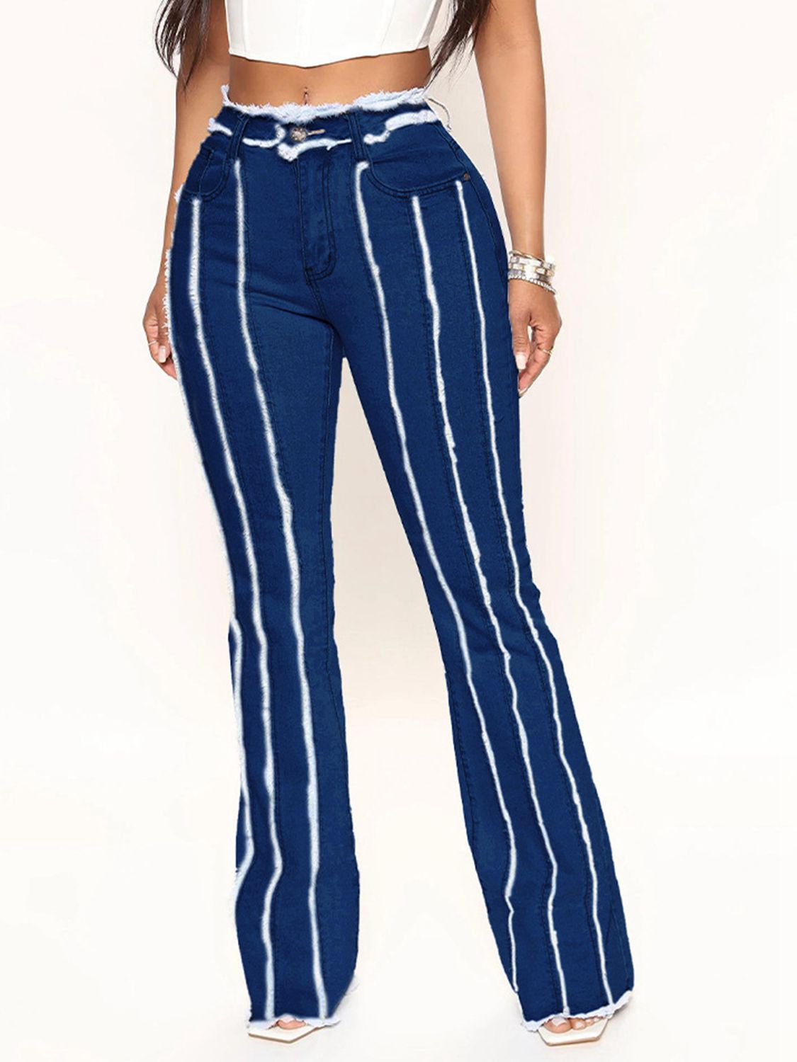 Striped Raw Hem Jeans - The Goddess Galleries