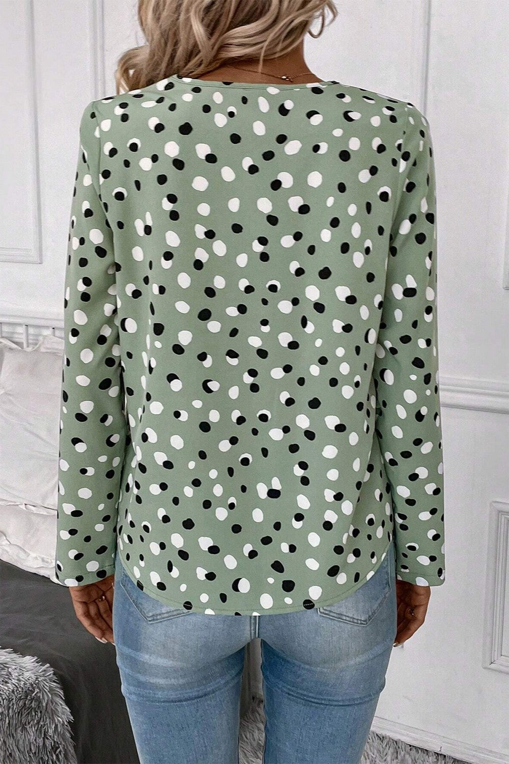Printed V-Neck Long Sleeve Blouse - The Goddess Galleries