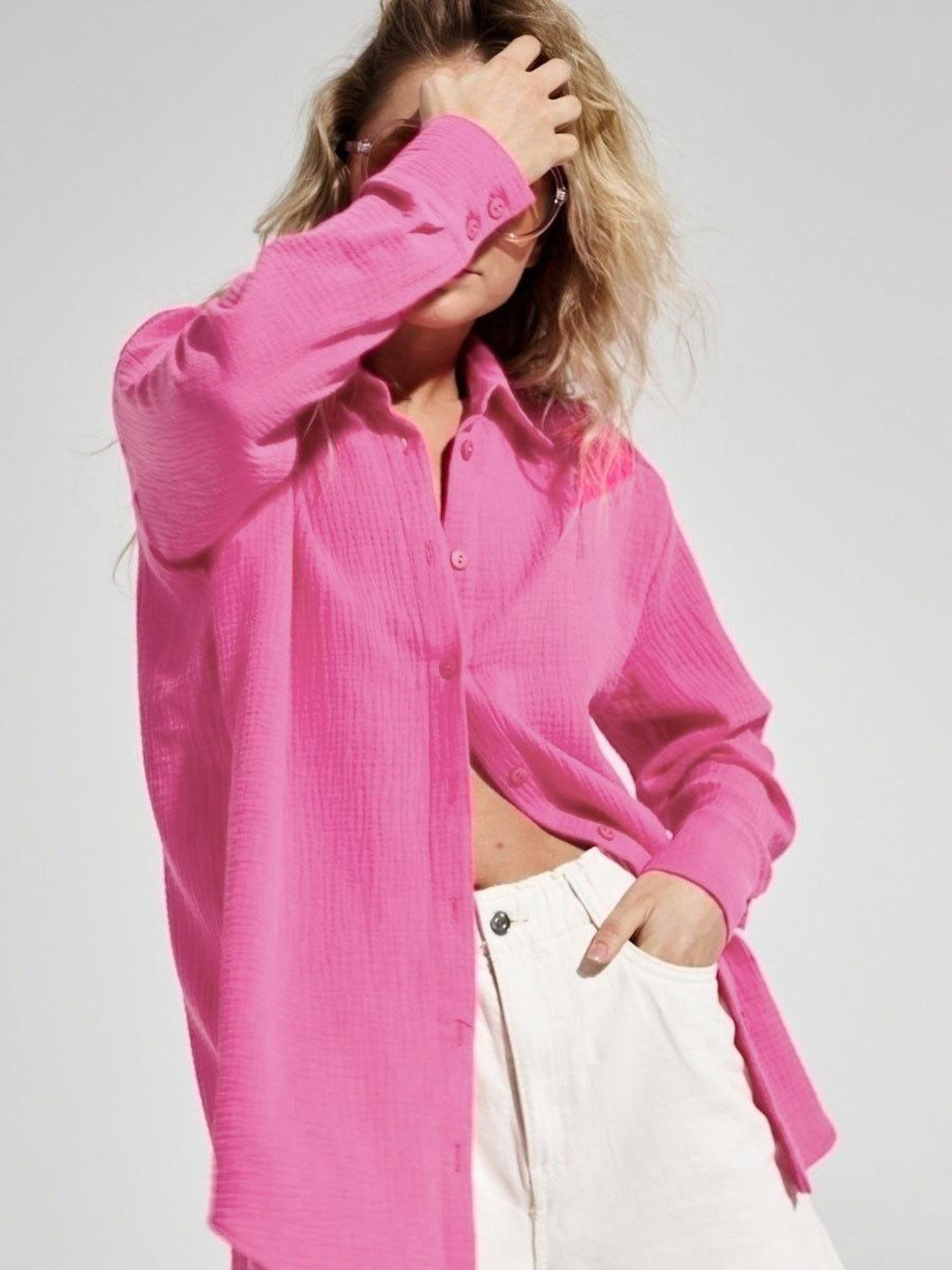 Textured Collared Neck Long Sleeve Shirt - The Goddess Galleries
