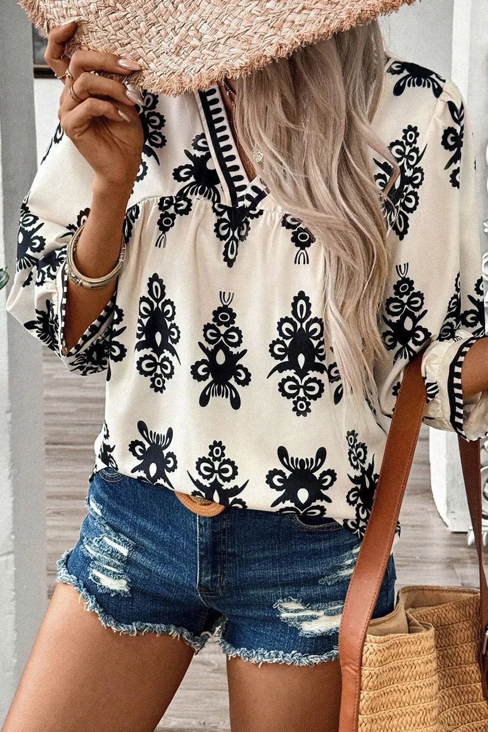 Printed V-Neck Three-Quarter Sleeve Blouse - The Goddess Galleries