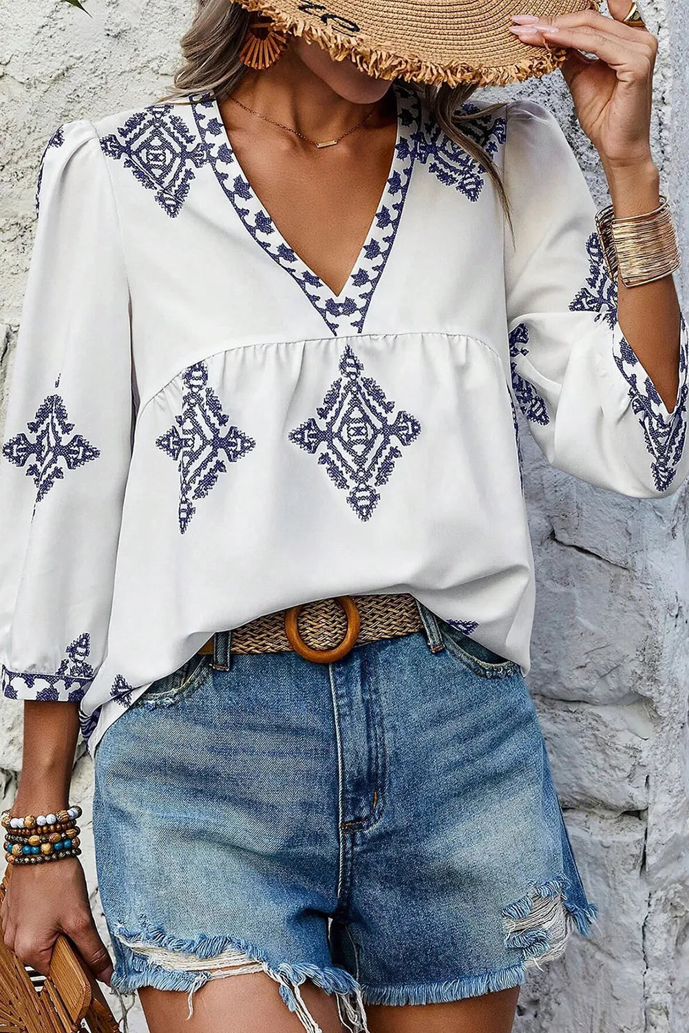 Printed V-Neck Three-Quarter Sleeve Blouse - The Goddess Galleries