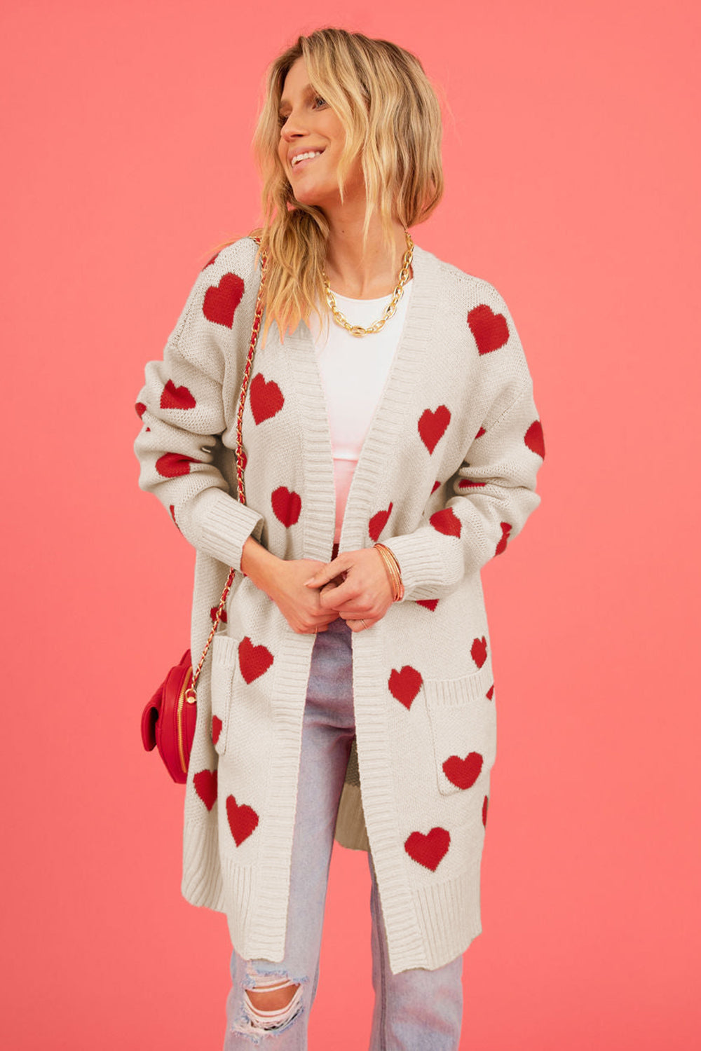 Heart Graphic Open Front Cardigan with Pockets - The Goddess Galleries