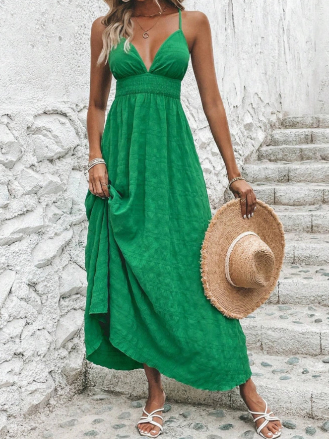 Crisscross Back Smocked Maxi Cami Dress - The Goddess Galleries