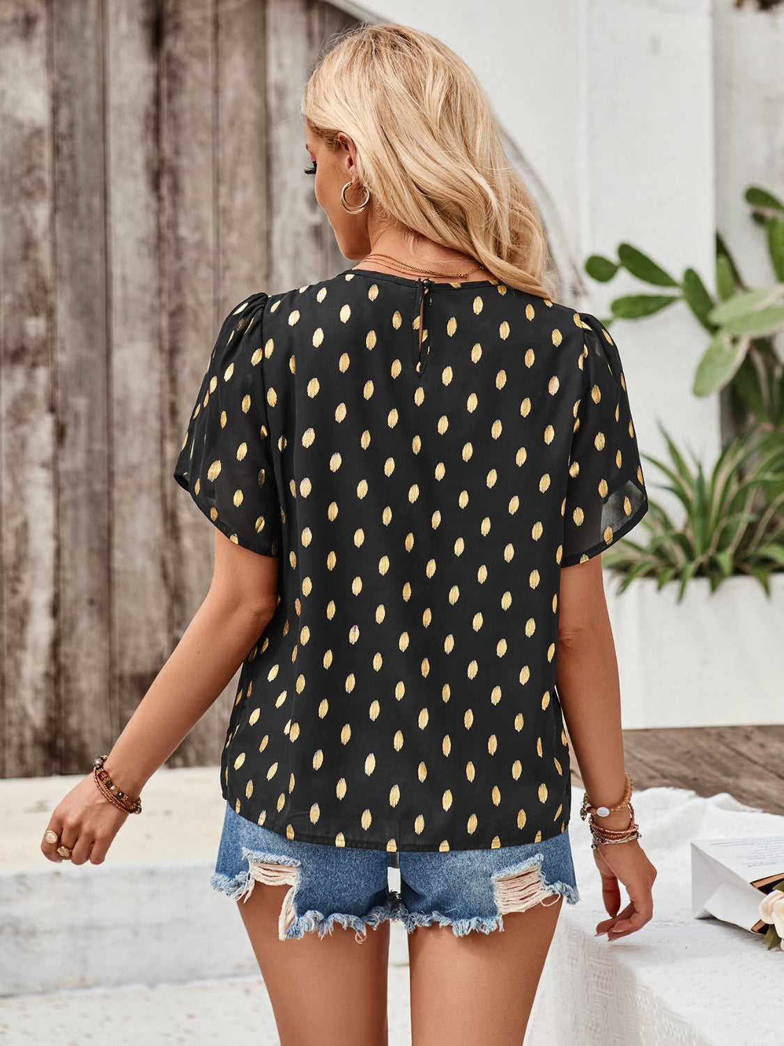 Printed Round Neck Petal Sleeve Blouse - The Goddess Galleries