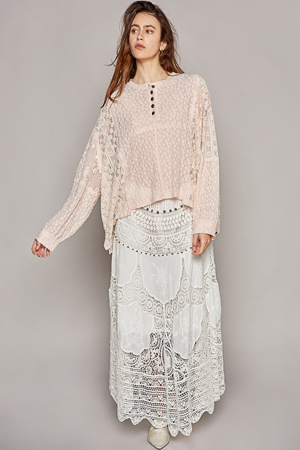 POL Round Neck Long Sleeve Raw Edge Lace Top - The Goddess Galleries