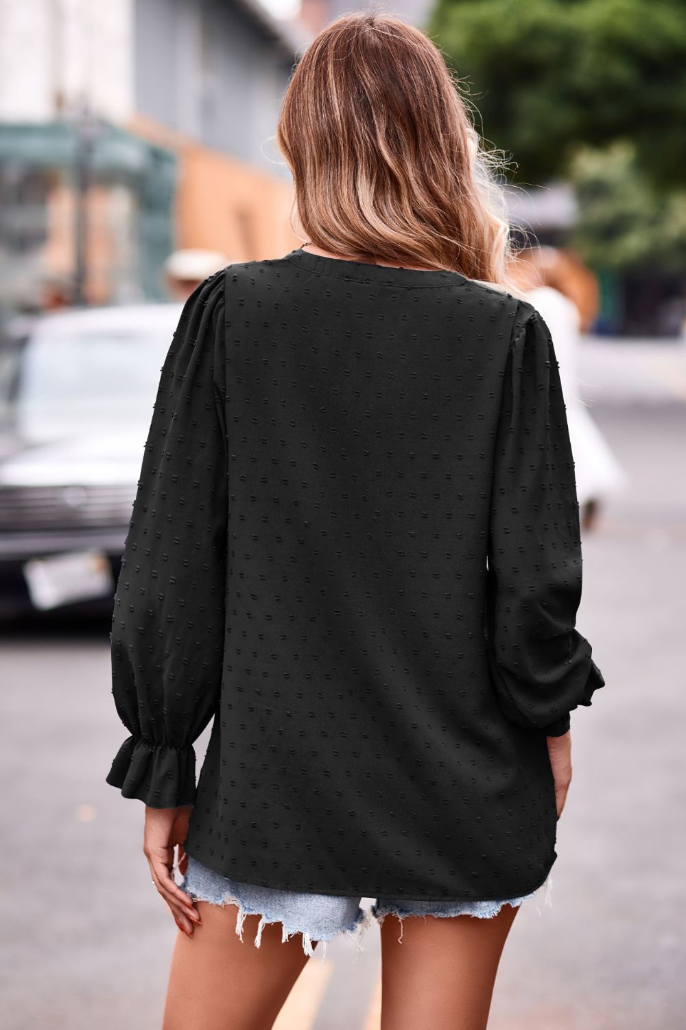 Swiss Dot Notched Neck Flounce Sleeve Blouse - The Goddess Galleries