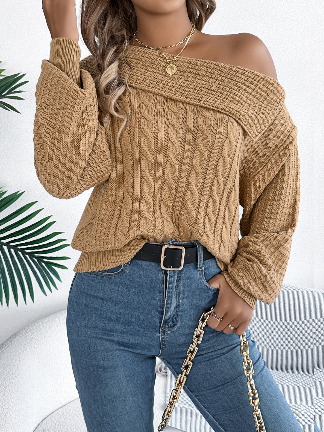 Cable-Knit One Shoulder Long Sleeve Sweater - The Goddess Galleries