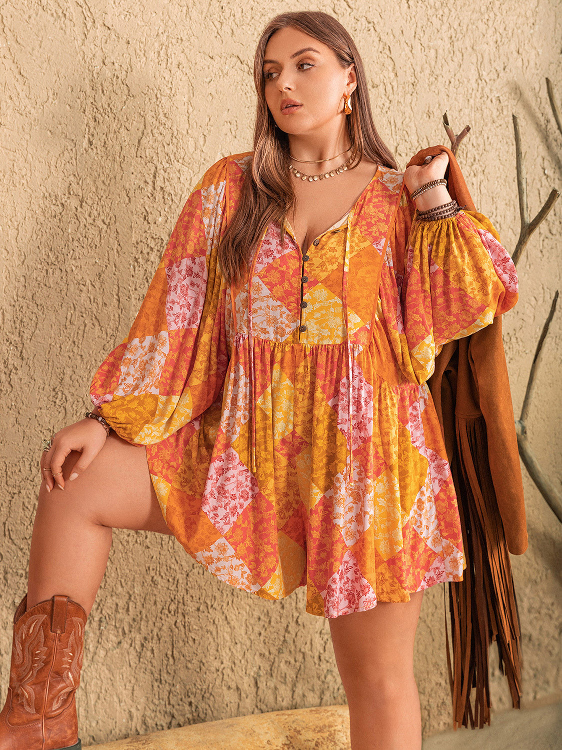 Plus Size Floral Tie Neck Balloon Sleeve Romper - The Goddess Galleries