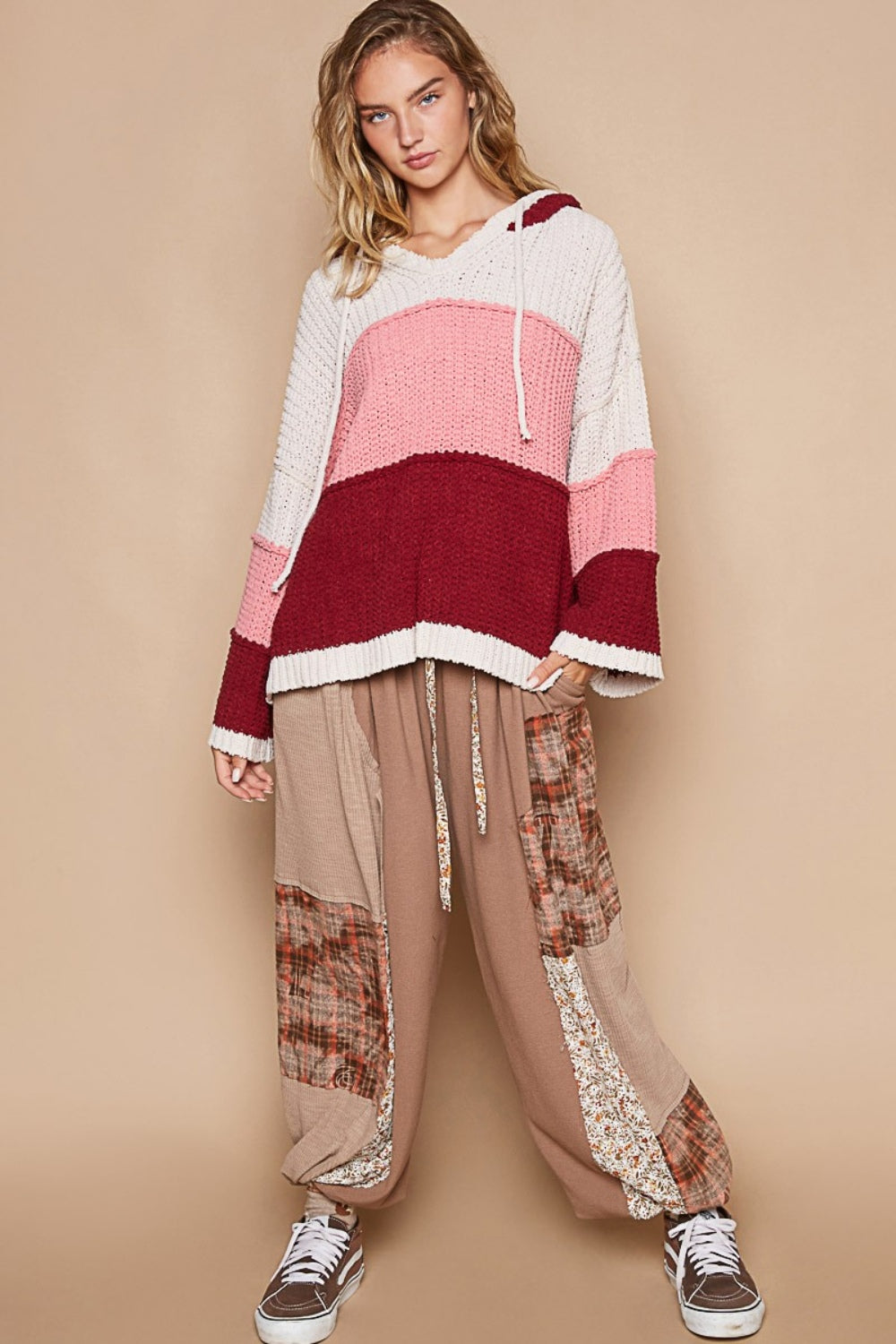 POL Color Block Long Sleeve Hooded Sweater - The Goddess Galleries