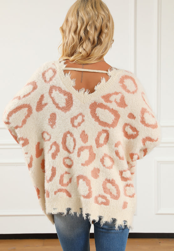 Distressed Trim Leopard V-Neck Sweater - The Goddess Galleries