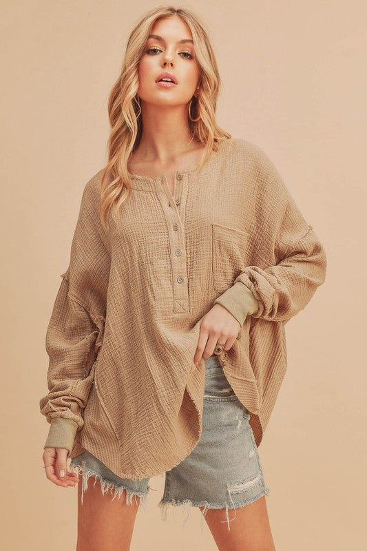 Aemi + Co Exposed Seam Raw Hem Half Button Top - The Goddess Galleries