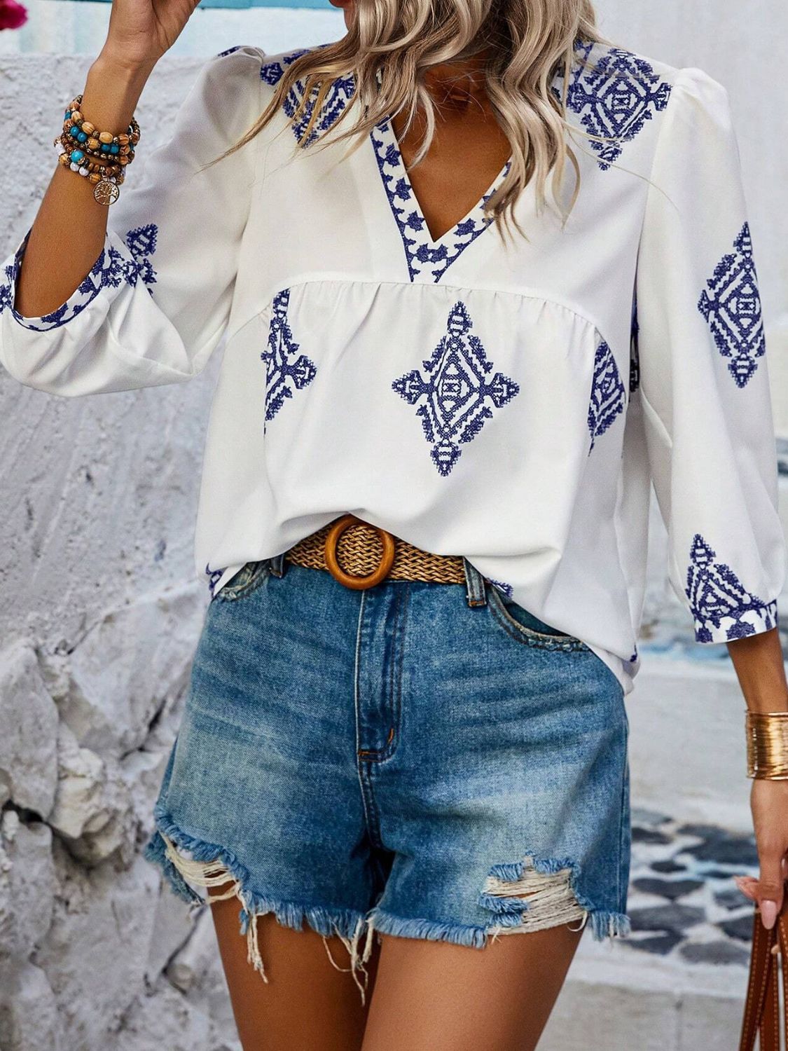 Printed V-Neck Three-Quarter Sleeve Blouse - The Goddess Galleries