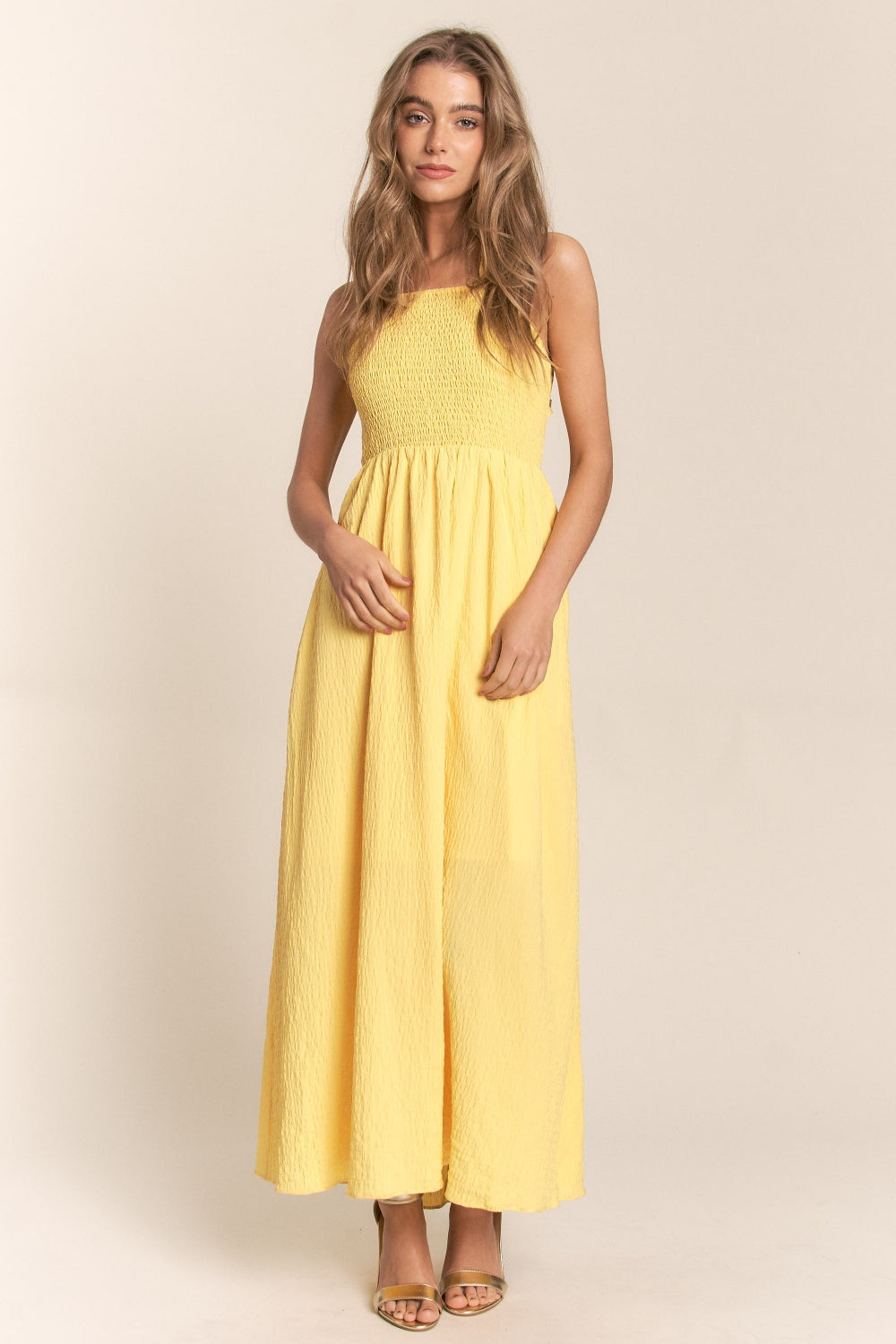 J.NNA Texture Crisscross Back Tie Smocked Maxi Dress - The Goddess Galleries