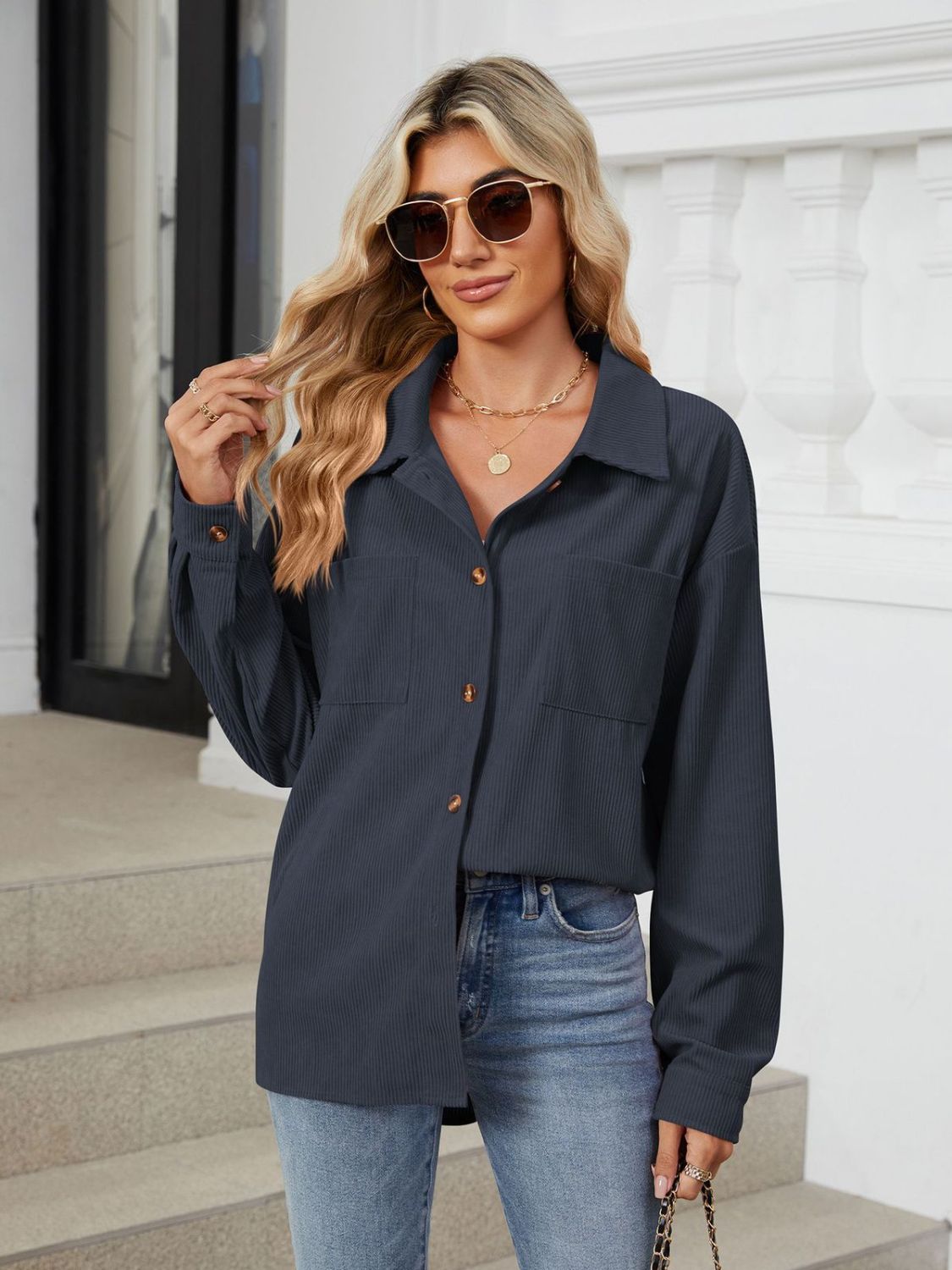 Button Up Long Sleeve Shirt with Breast Pockets - The Goddess Galleries