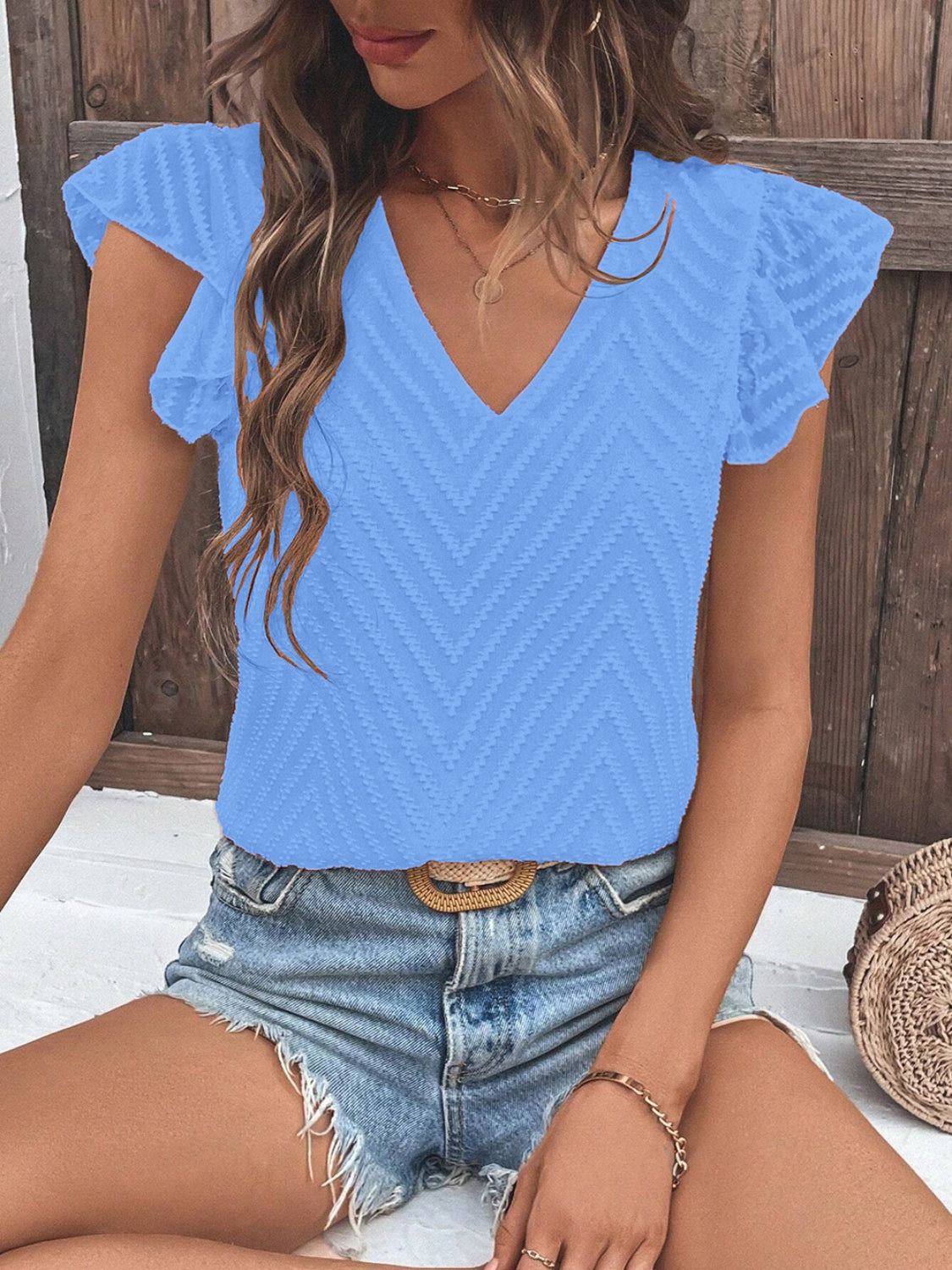 Textured V-Neck Cap Sleeve Blouse - The Goddess Galleries