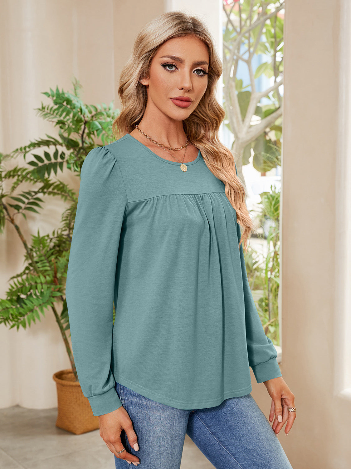 Ruched Round Neck Long Sleeve Blouse - The Goddess Galleries
