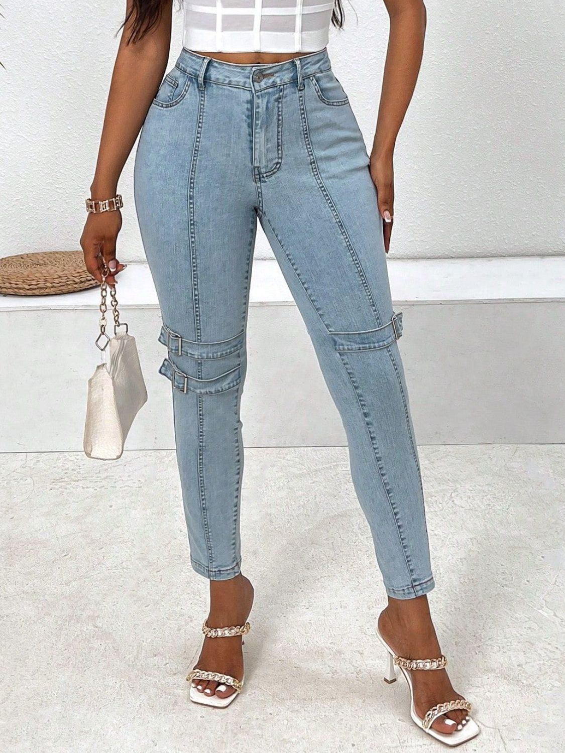 Decorative Buckle Skinny Jeans with Pockets - The Goddess Galleries
