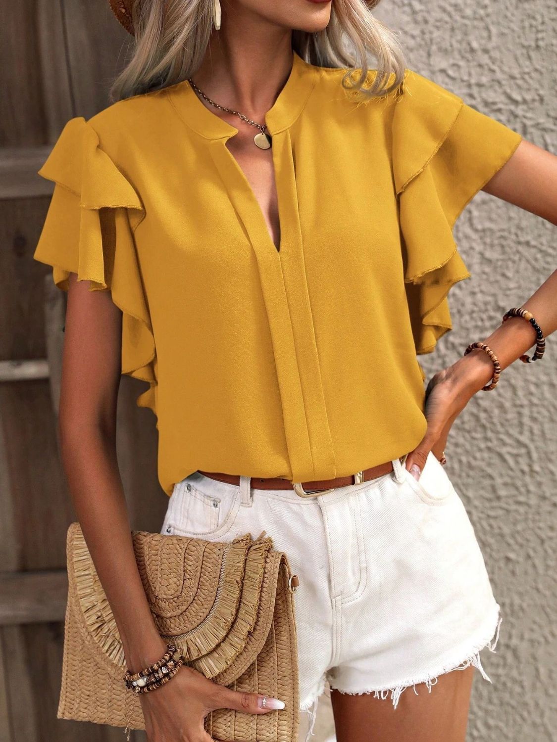 Ruffled Notched Short Sleeve Blouse - The Goddess Galleries