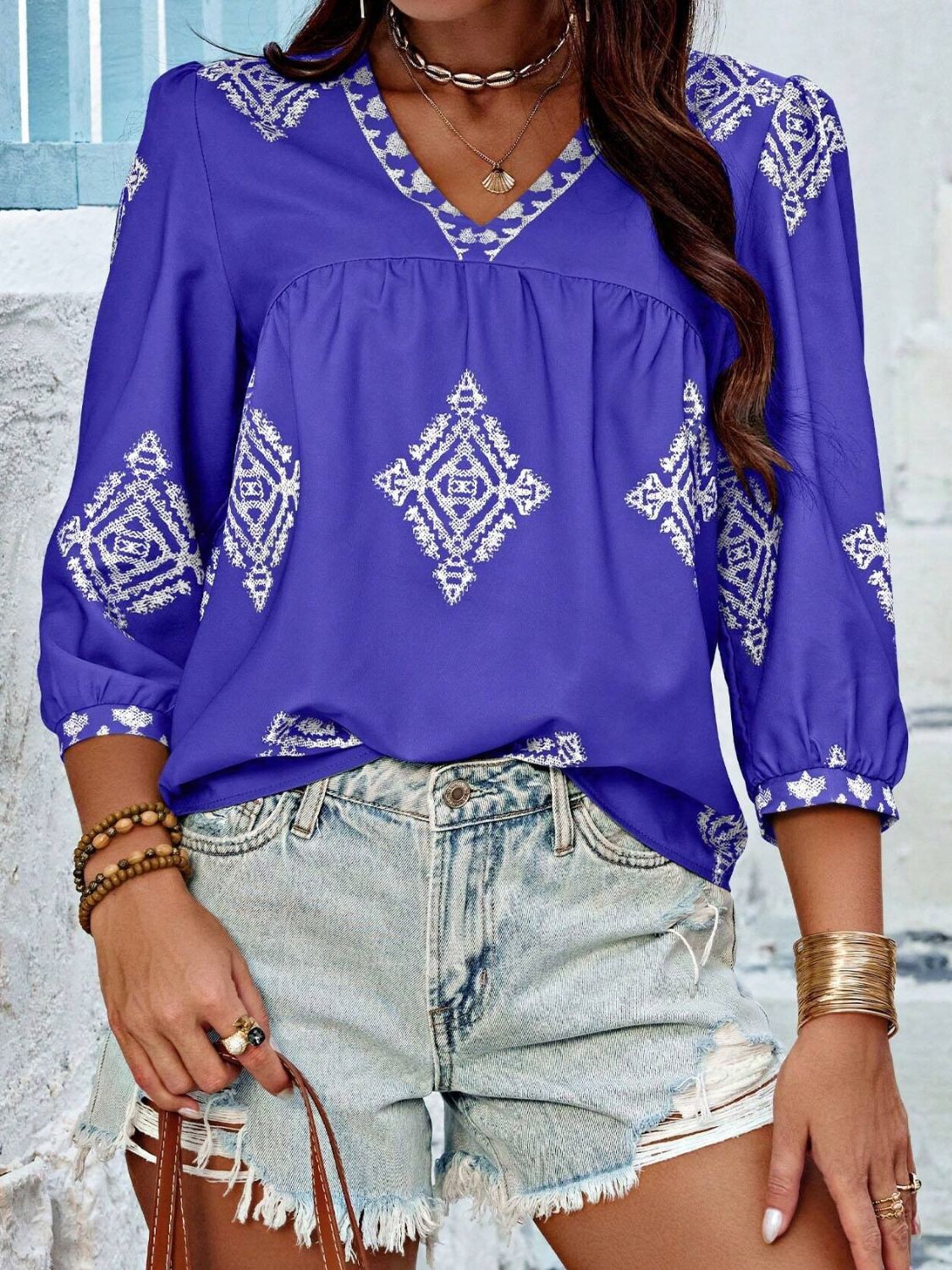 Printed V-Neck Three-Quarter Sleeve Blouse - The Goddess Galleries