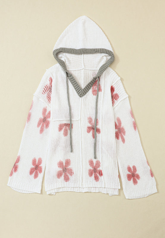 Drawstring Flower Hooded Knit Top - The Goddess Galleries