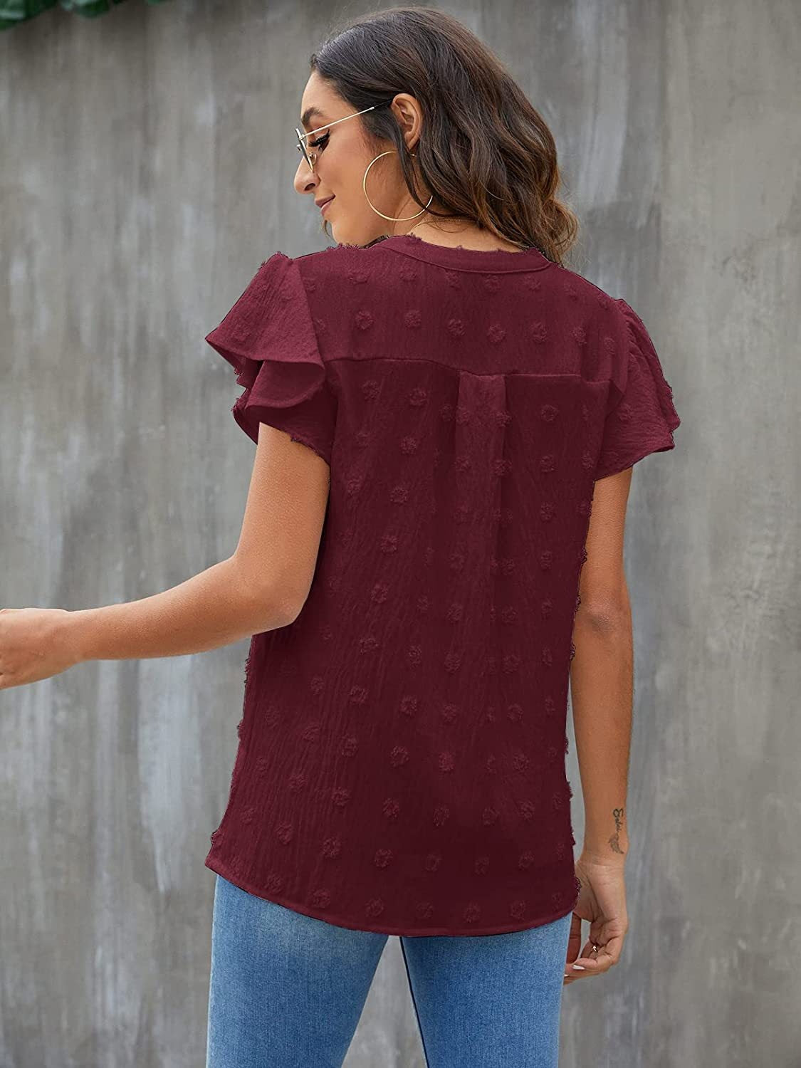 Swiss Dot Notched Flutter Sleeve Blouse - The Goddess Galleries